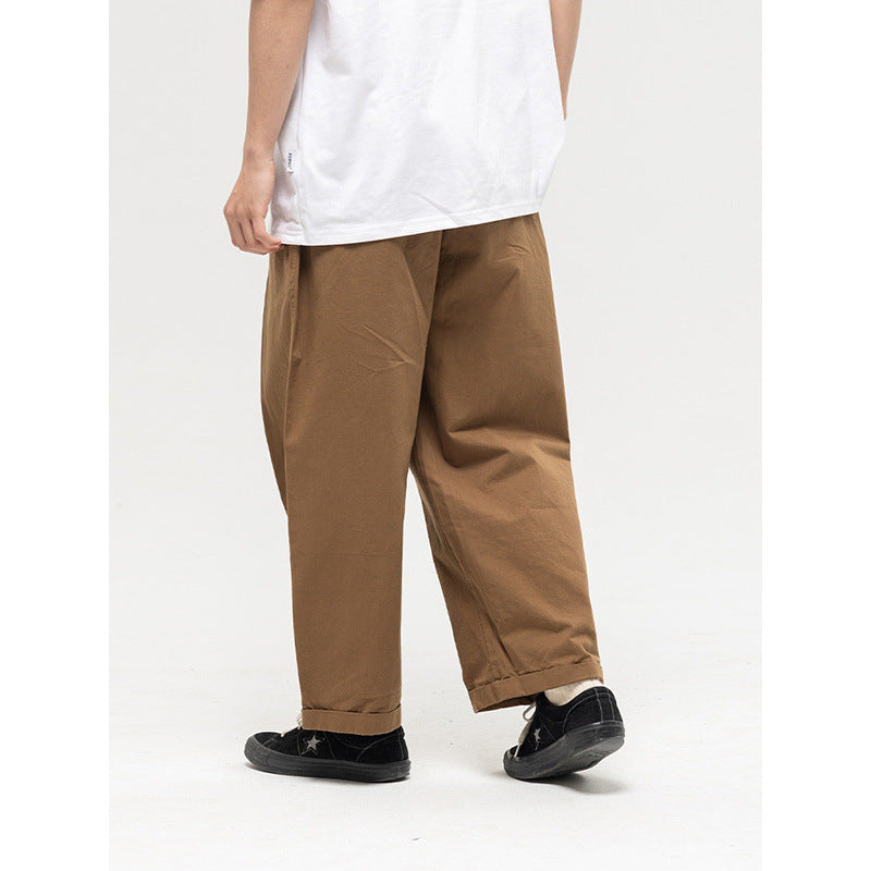 Women Wide High-Waist Pleated Pants with Elastic Drawstring and Cuffed Hem Chichicherry