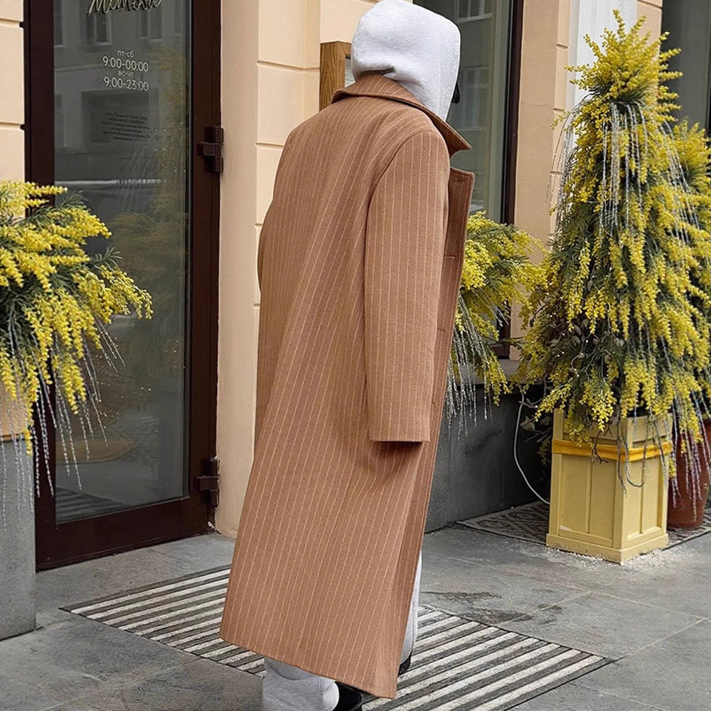 Women Double-Breasted Oversized Wool Blend Coat with Pinstripes and Loose Fit Chichicherry
