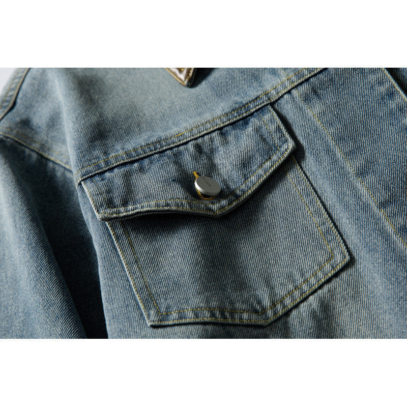 Unisex Boxy Denim Jacket with Leather Collar, Snap Button Placket and Flap Pockets Chichicherry