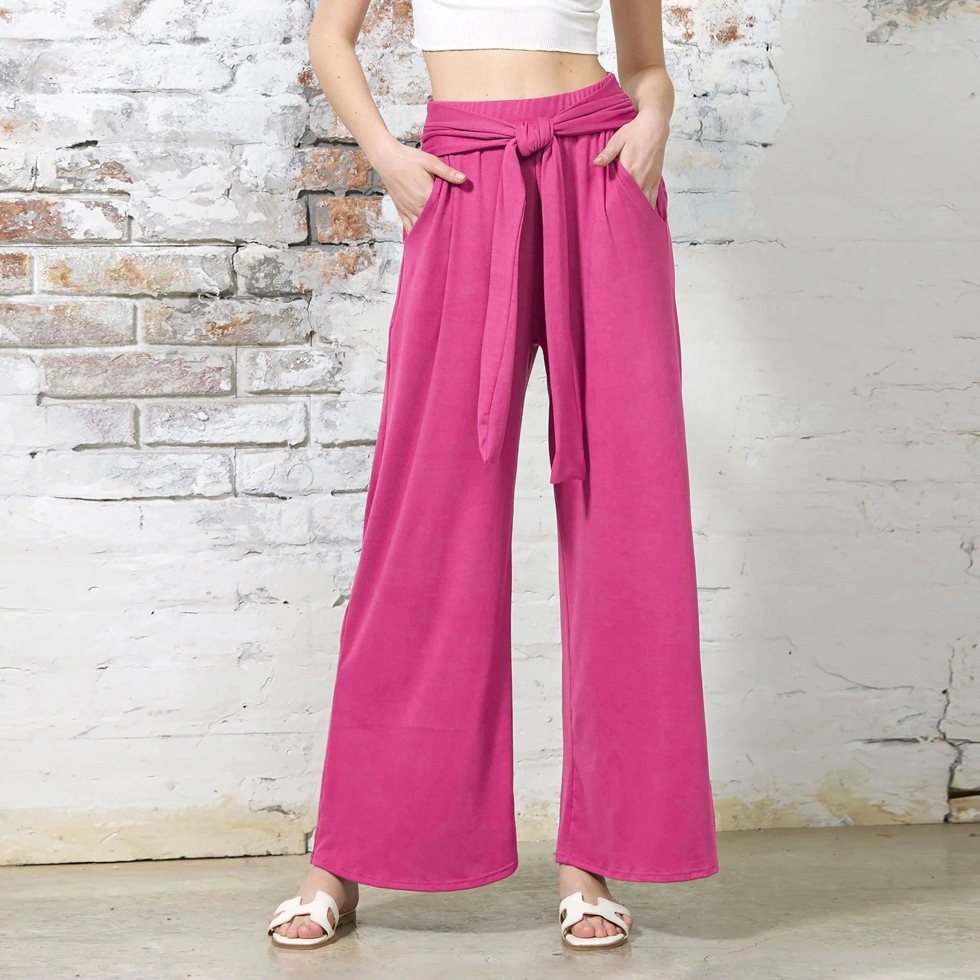 Women Wide Jersey Pants with High Waist and Tie Belt Chichicherry