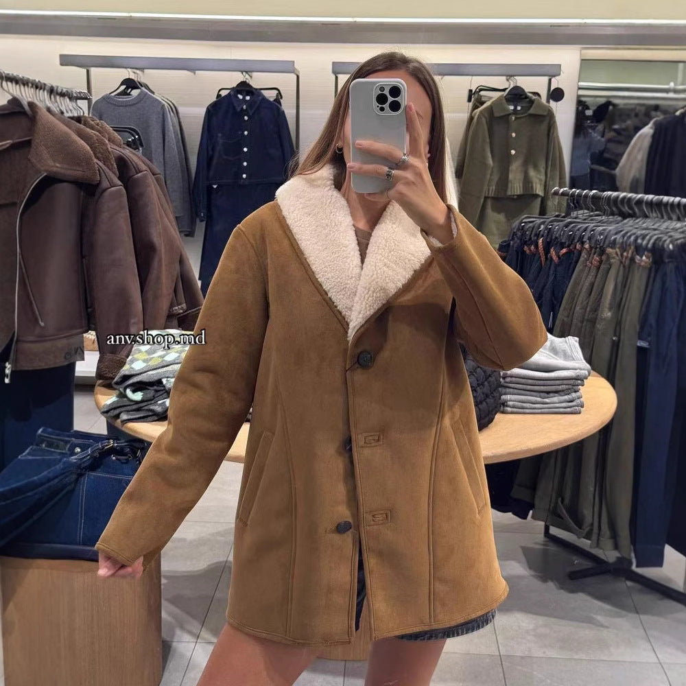 Ladies short coat in velour look with teddy lining and shawl collar Chichicherry