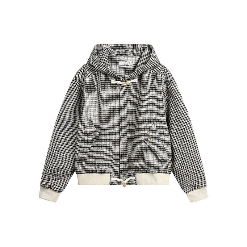 Unisex short-cut hooded blouson jacket in mixed structure with toggle closure and ribbed cuffs Chichicherry