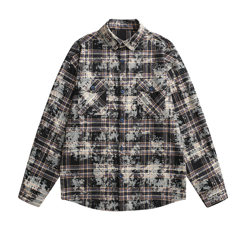 Women's Oversized Check Shirt Jacket with Vintage Effect and Breast Pockets Chichicherry
