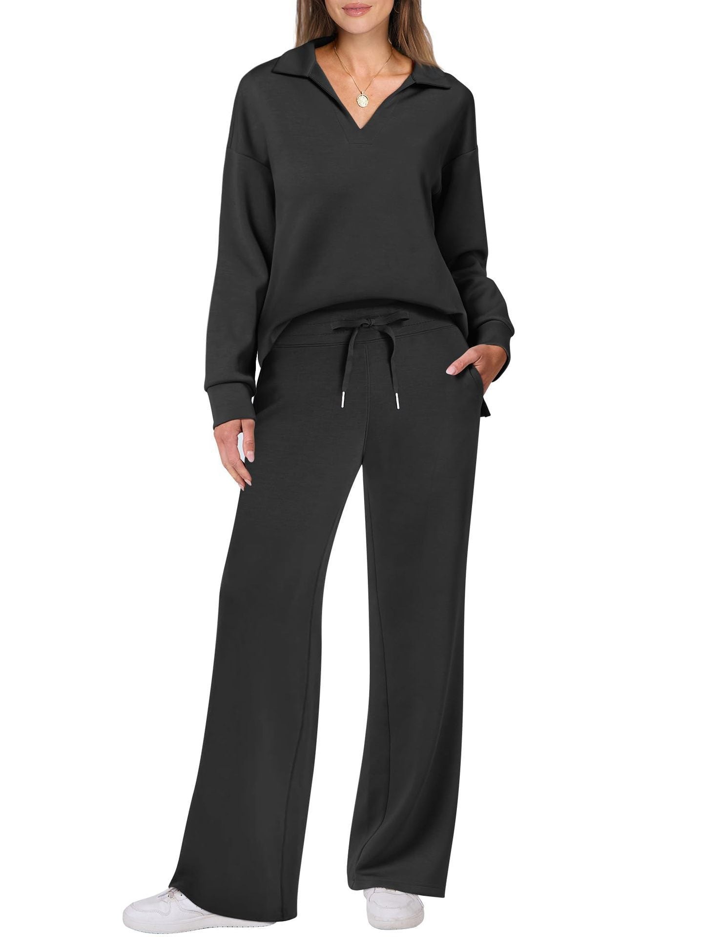 Women's Two-Piece Lounge Set with Polo Collar and V-Neck as well as Wide Drawstring Pants Chichicherry