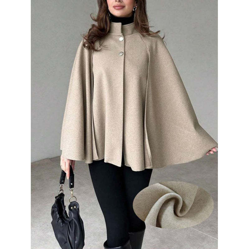 Women's cape coat with stand-up collar, flowing A-line and concealed button placket Chichicherry
