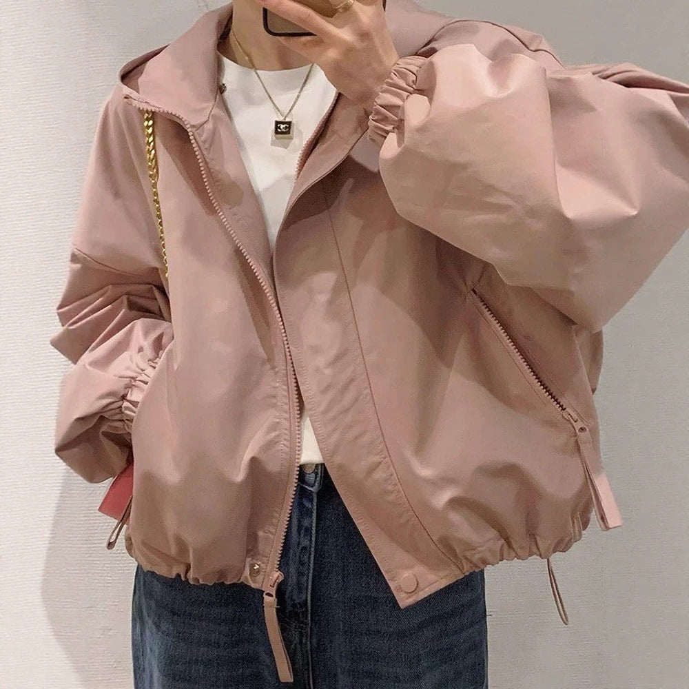Women's oversized bomber-style hooded jacket with drawstring, elastic cuffs, and side zip pockets Chichicherry