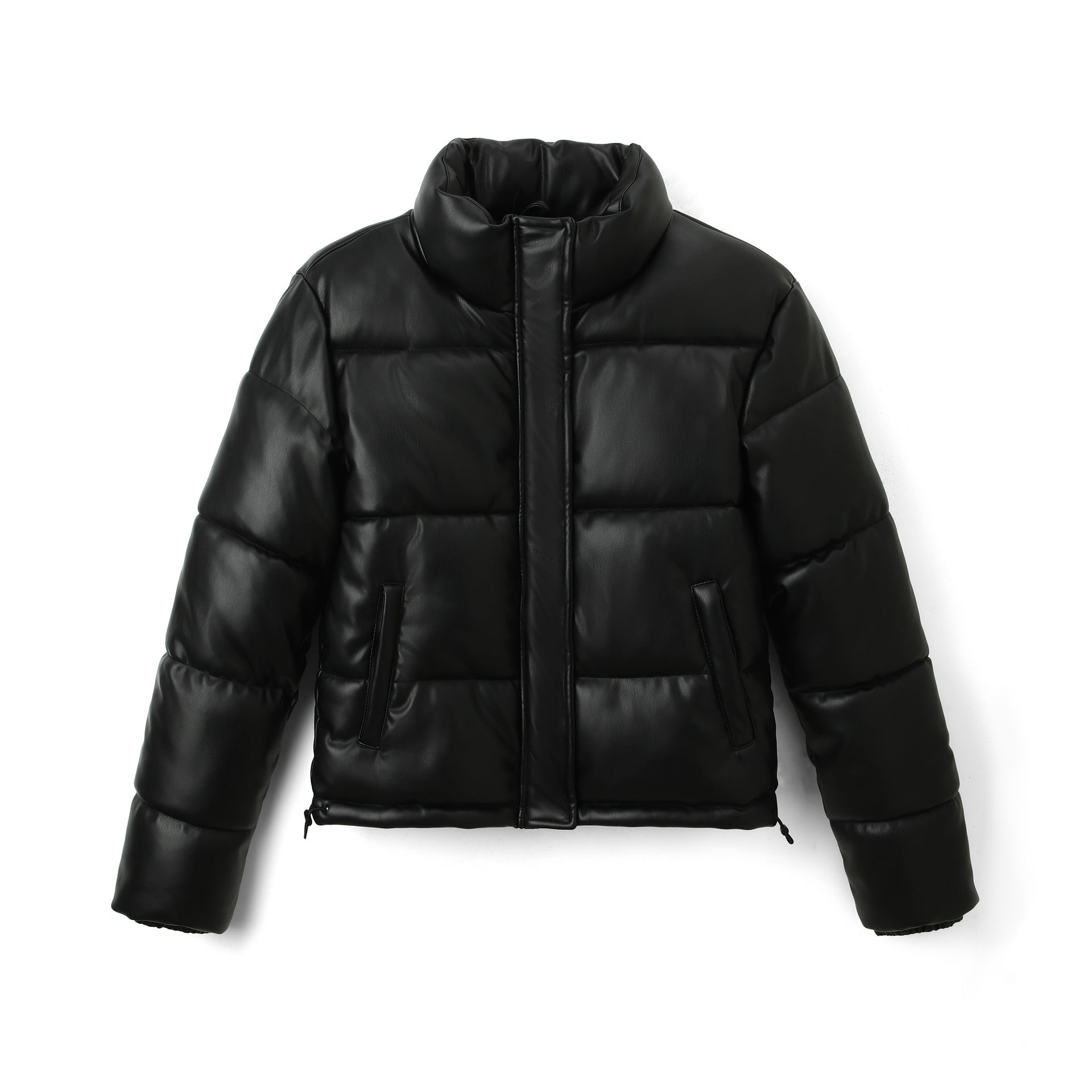 Women Short Cut Quilted Faux Leather Padded Jacket with High Standing Collar Chichicherry