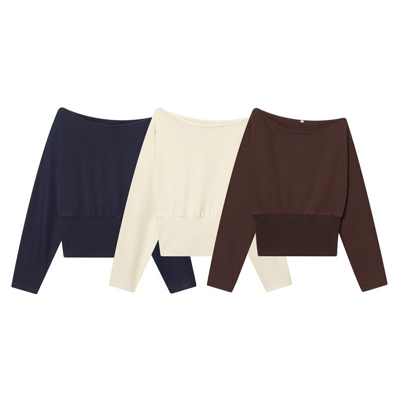 Women's Off-Shoulder Cropped Sweatshirt with Wide Boat Neck and Waistband Chichicherry