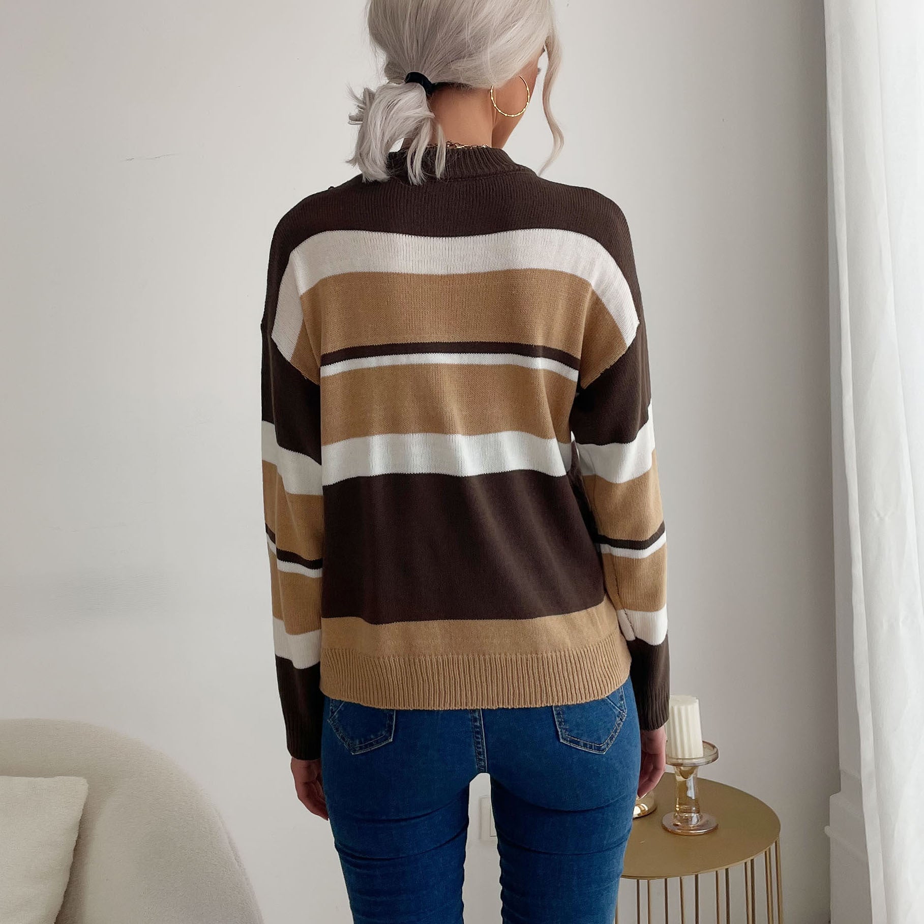 Women's Striped Fine Knit Sweater with Stand-Up Collar Chichicherry