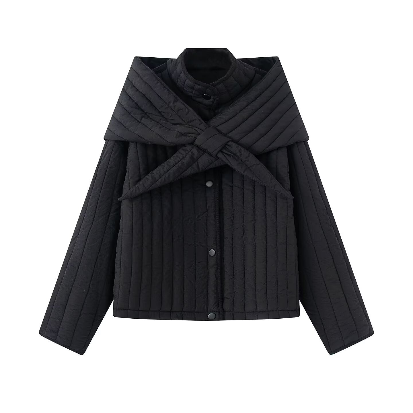 Women's quilted jacket with oversized wrap collar and snap button placket Chichicherry