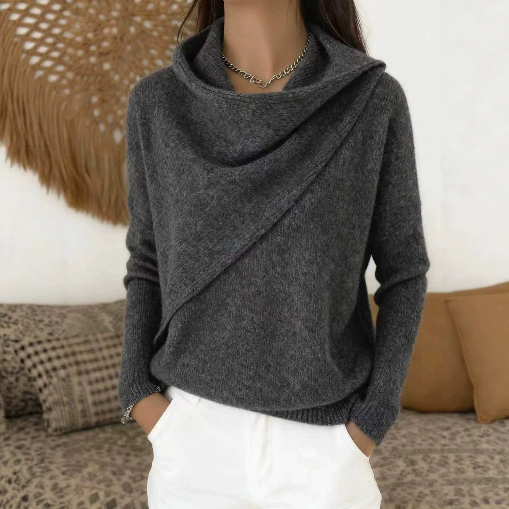 Women's Asymmetric Chunky Knit Sweater with Shawl Collar Chichicherry