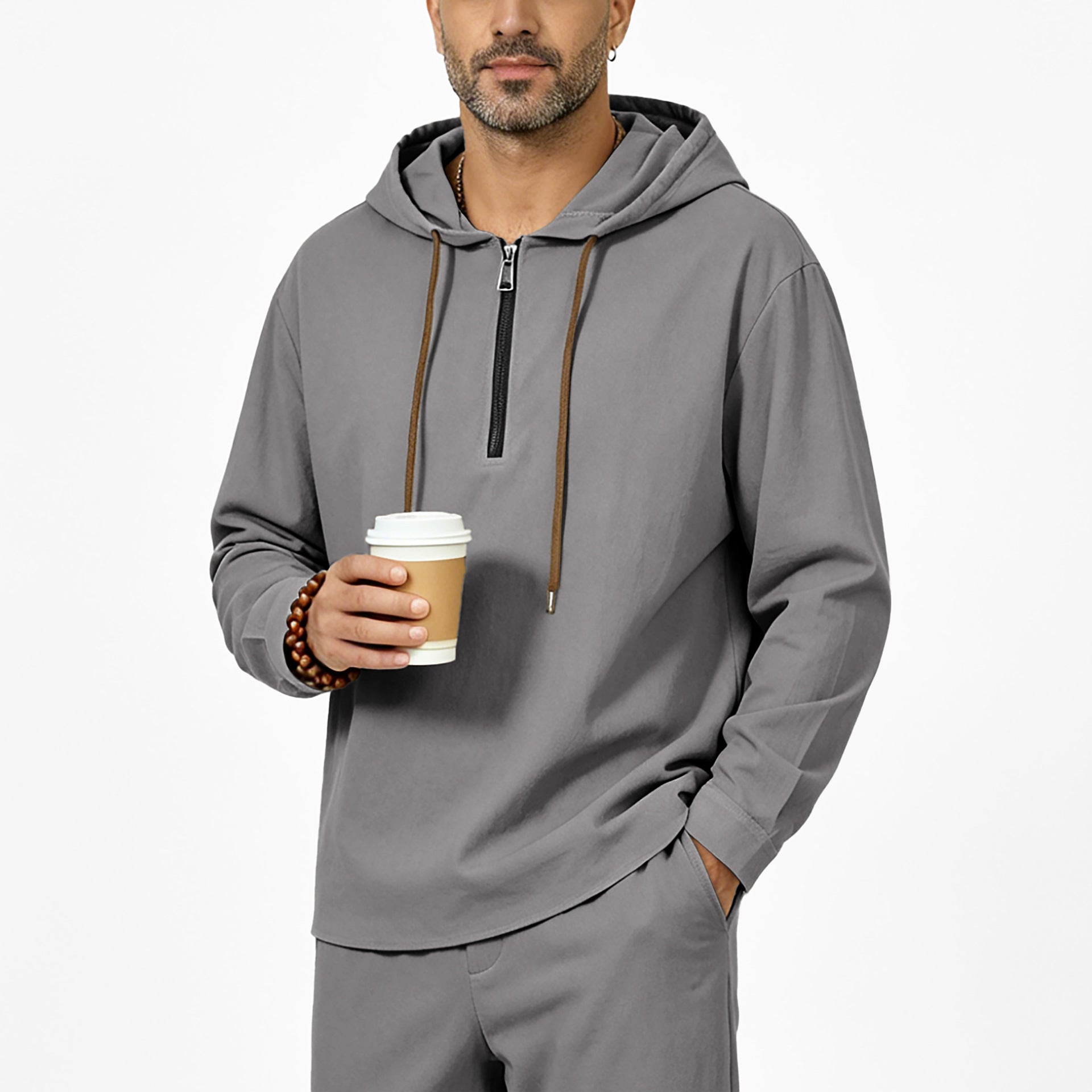 Men's hoodie with half zip, drawstring and rounded hem Chichicherry