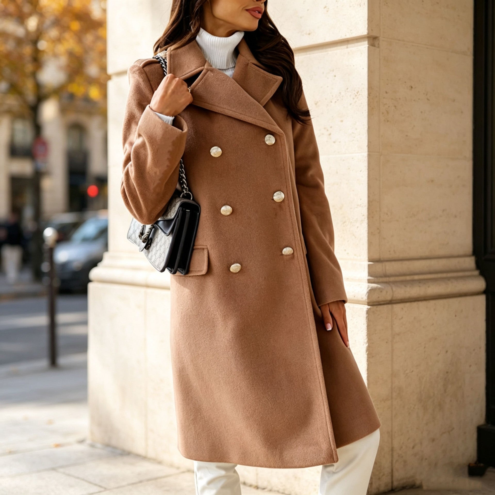 Ladies Elegant double-breasted wool blend coat with fitted silhouette and decorative metal buttons Chichicherry