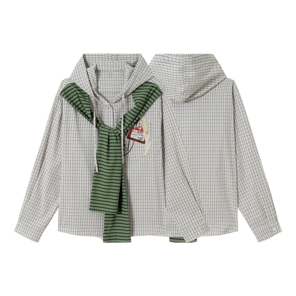 Women's Hooded Checkered Blouse with Attached Striped Scarf Chichicherry