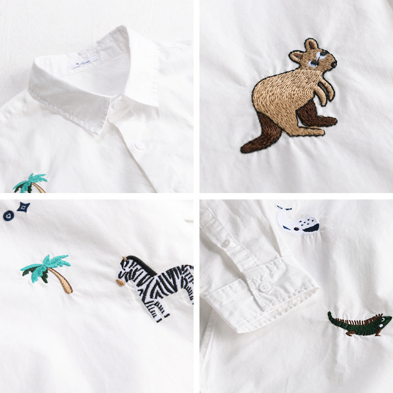 Women's Loose Cotton Shirt with Hand-Embroidered Safari Motifs Chichicherry