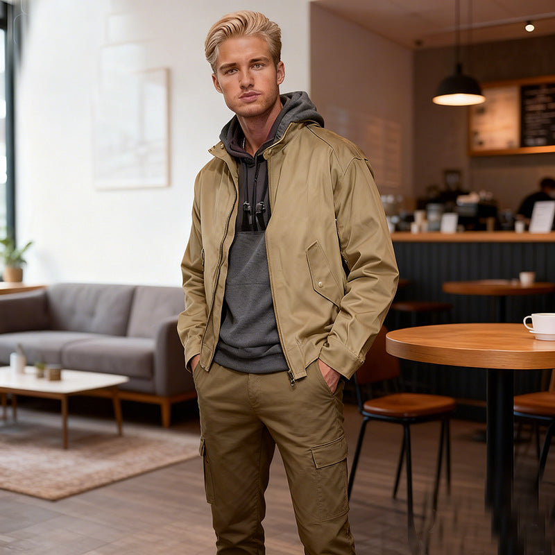 Men's Lightweight Nylon Bomber Jacket with Zipper, Flap Pockets, and Elastic Cuffs Chichicherry