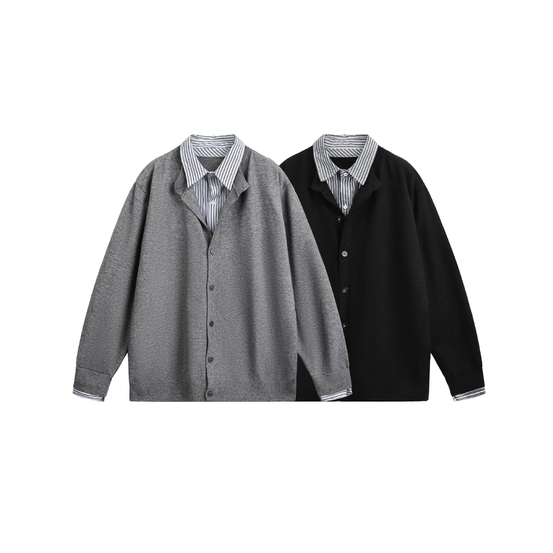 Unisex Layered Look Knit Cardigan with Integrated Shirt Collar and Button Placket Chichicherry