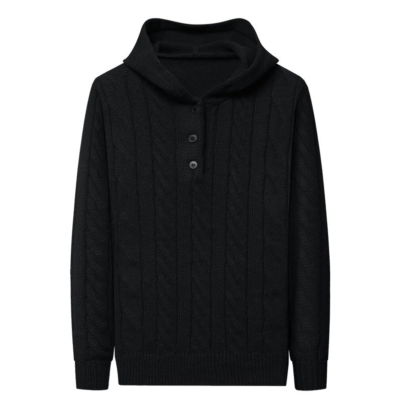 Men's fine knit hoodie with cable pattern, half placket and drawstring Chichicherry