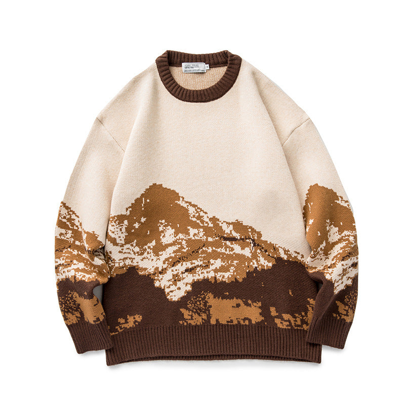Unisex Oversized knit sweater with mountain jacquard and ribbed round neckline Chichicherry