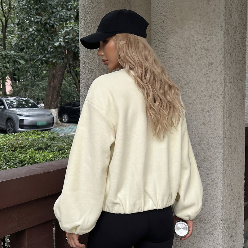 Women's Padded Teddy Fleece Bomber Jacket with Zipper, Elastic Hem and Side Pockets Chichicherry