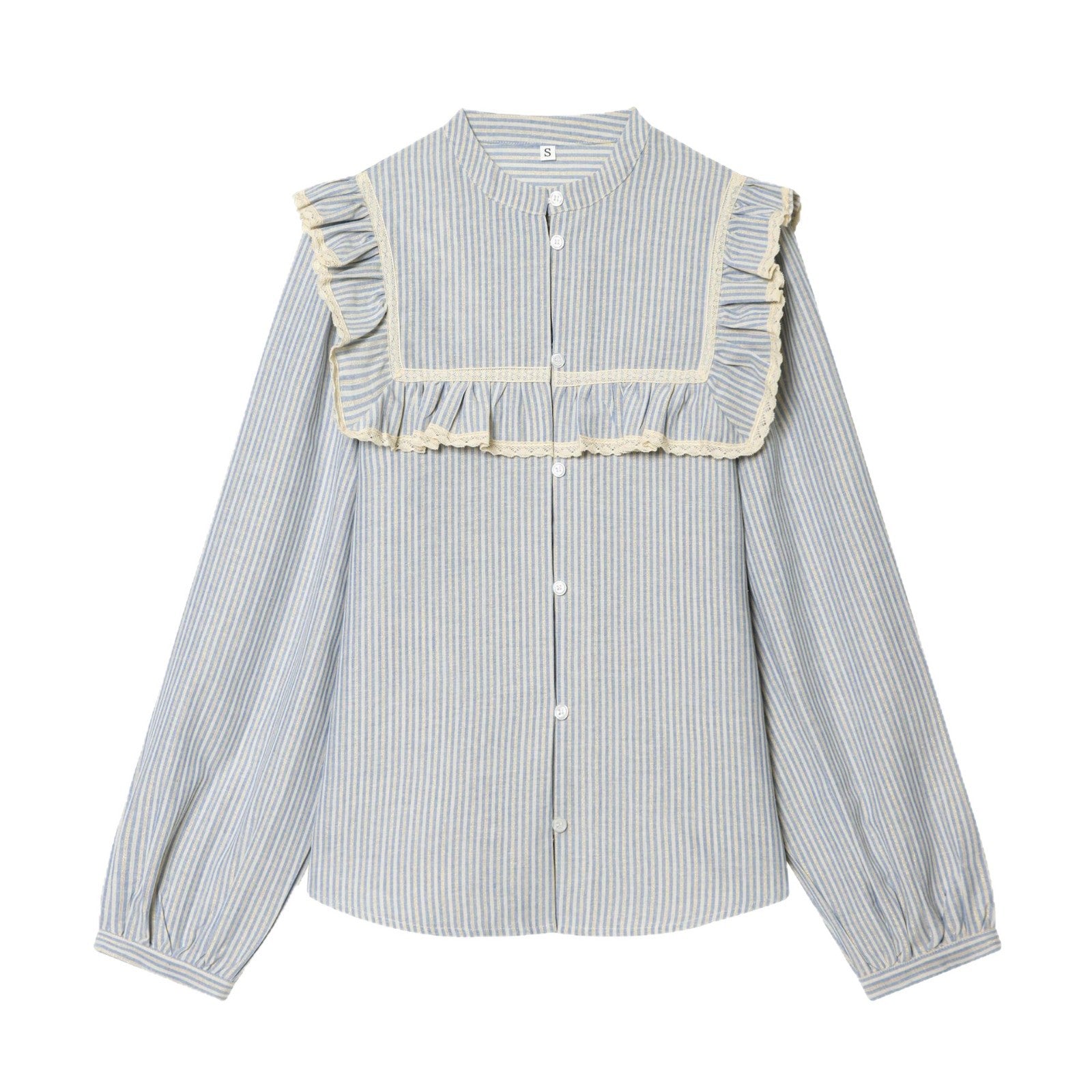 Women Striped Cotton Blouse with Square Bust Yoke, Ruffle and Lace Trim Chichicherry