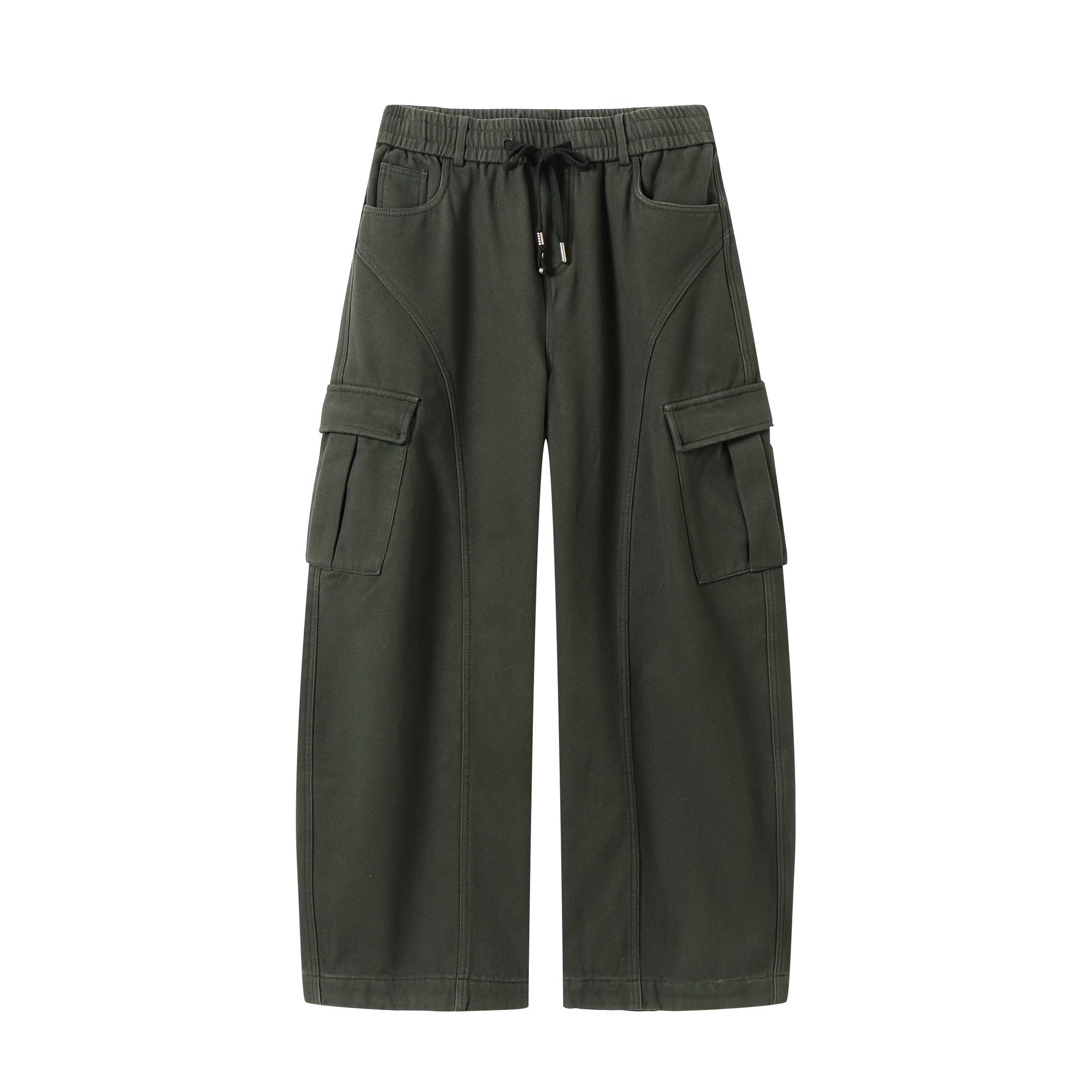Men's Wide Cargo Pants with Drawstring Waist and Multiple Flap Pockets Chichicherry