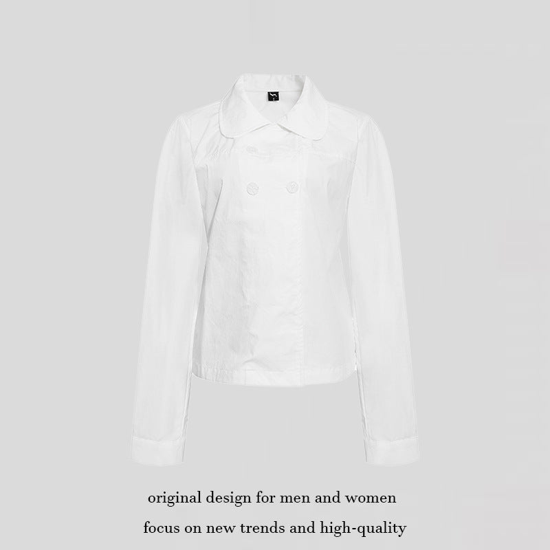Women Tailored Lightweight Cotton Blouse Jacket with Round Collar and Double Button Row Chichicherry