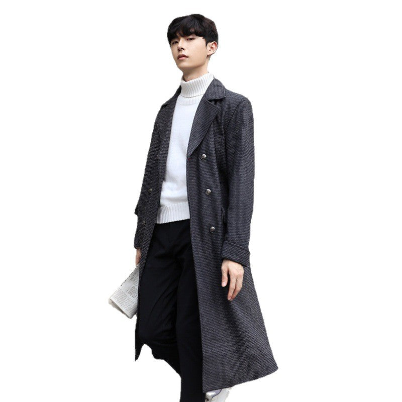 Men's Maxi Length Wool Coat with Subtle Pinstripe Pattern Chichicherry