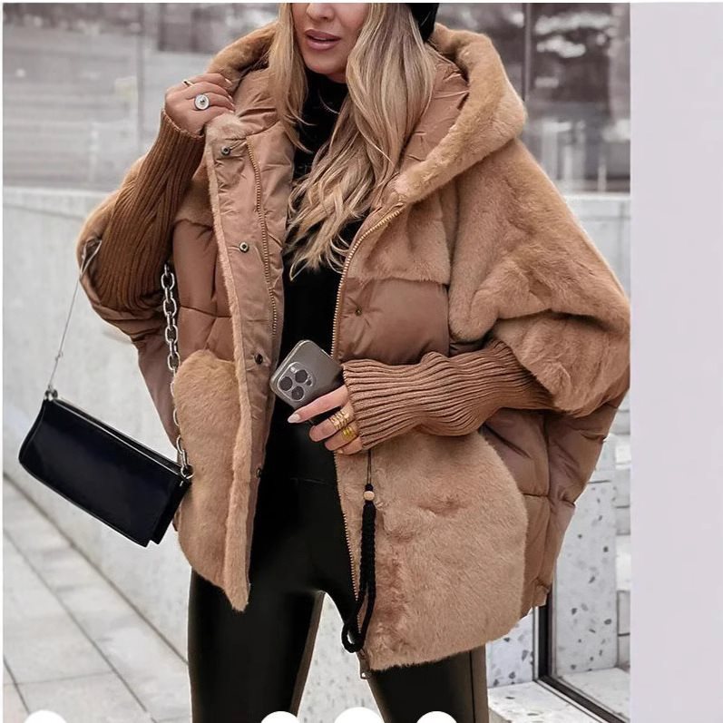 Women's Quilted Oversized Parka with Faux Fur Trim, Hood and Ribbed Cuffs Chichicherry