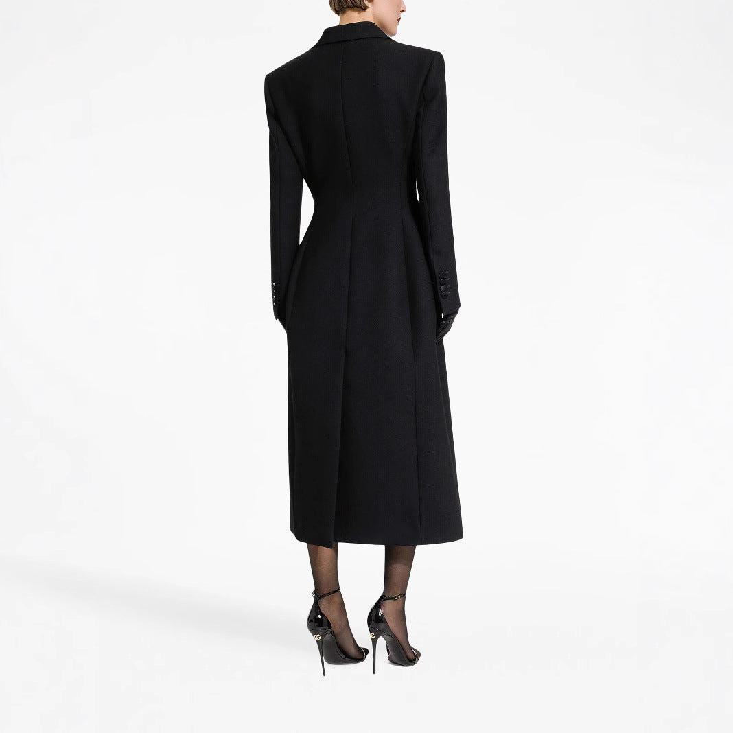 Women's Tailored Longline Coat with Sharp Lapels and Vent Chichicherry