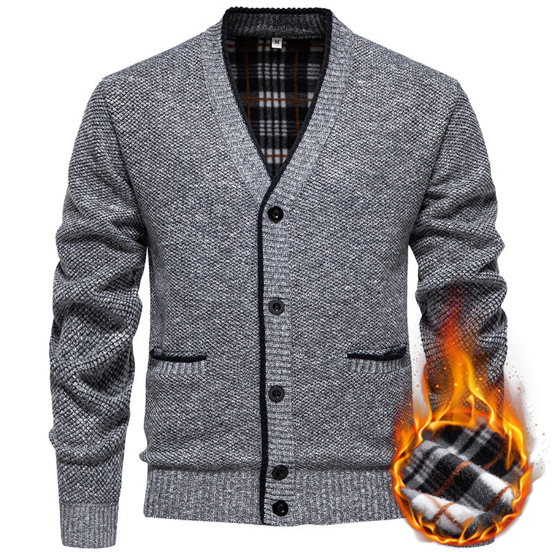 Men's Structured V-Neck Knit Cardigan with Contrasting Edge and Checked Lining Chichicherry