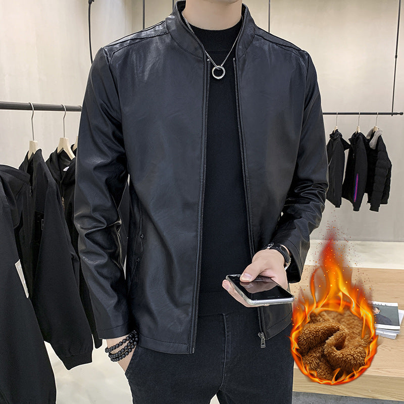 Men's slim-fit faux leather flight jacket with minimalist stand collar and concealed zip placket Chichicherry