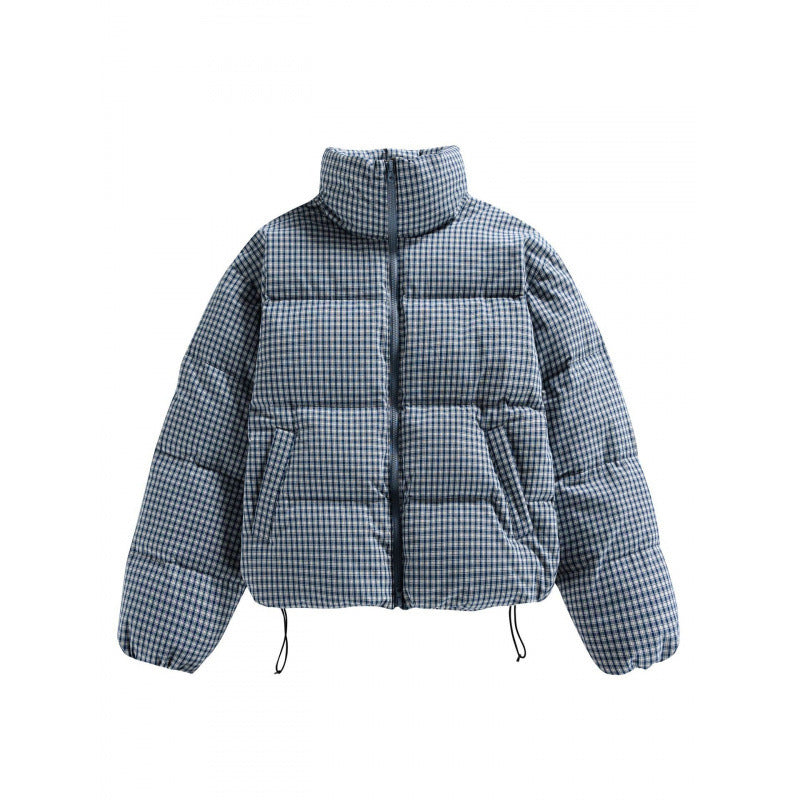 Women's short quilted jacket in check pattern with high stand-up collar and drawstring Chichicherry