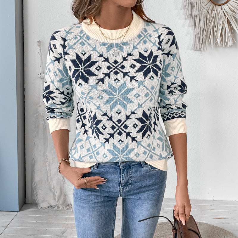 Women's Norwegian Pattern Knit Sweater with Round Neck, Ribbed Cuffs and Relaxed Fit