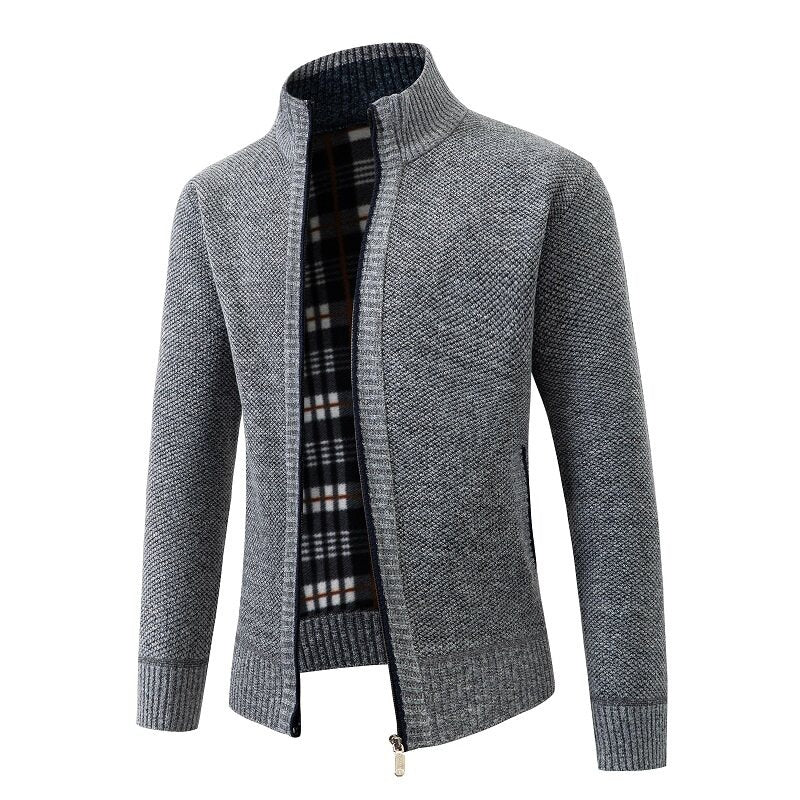 Men's Structured Zip Cardigan with Check Fleece Lining and Stand-Up Collar Chichicherry