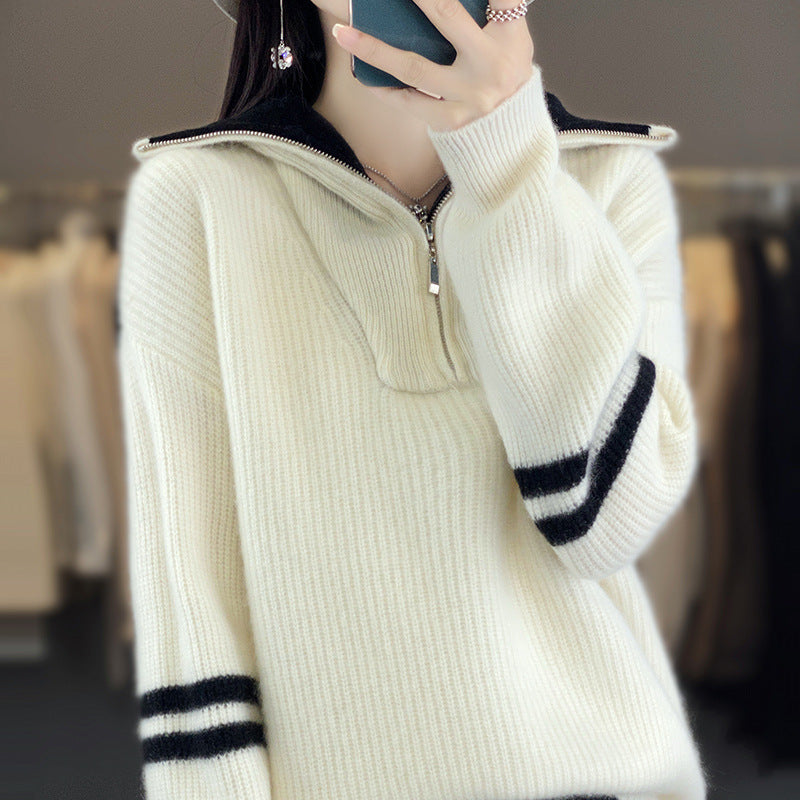 Women's ribbed knit pullover with half zipper, high collar, and casual fit Chichicherry