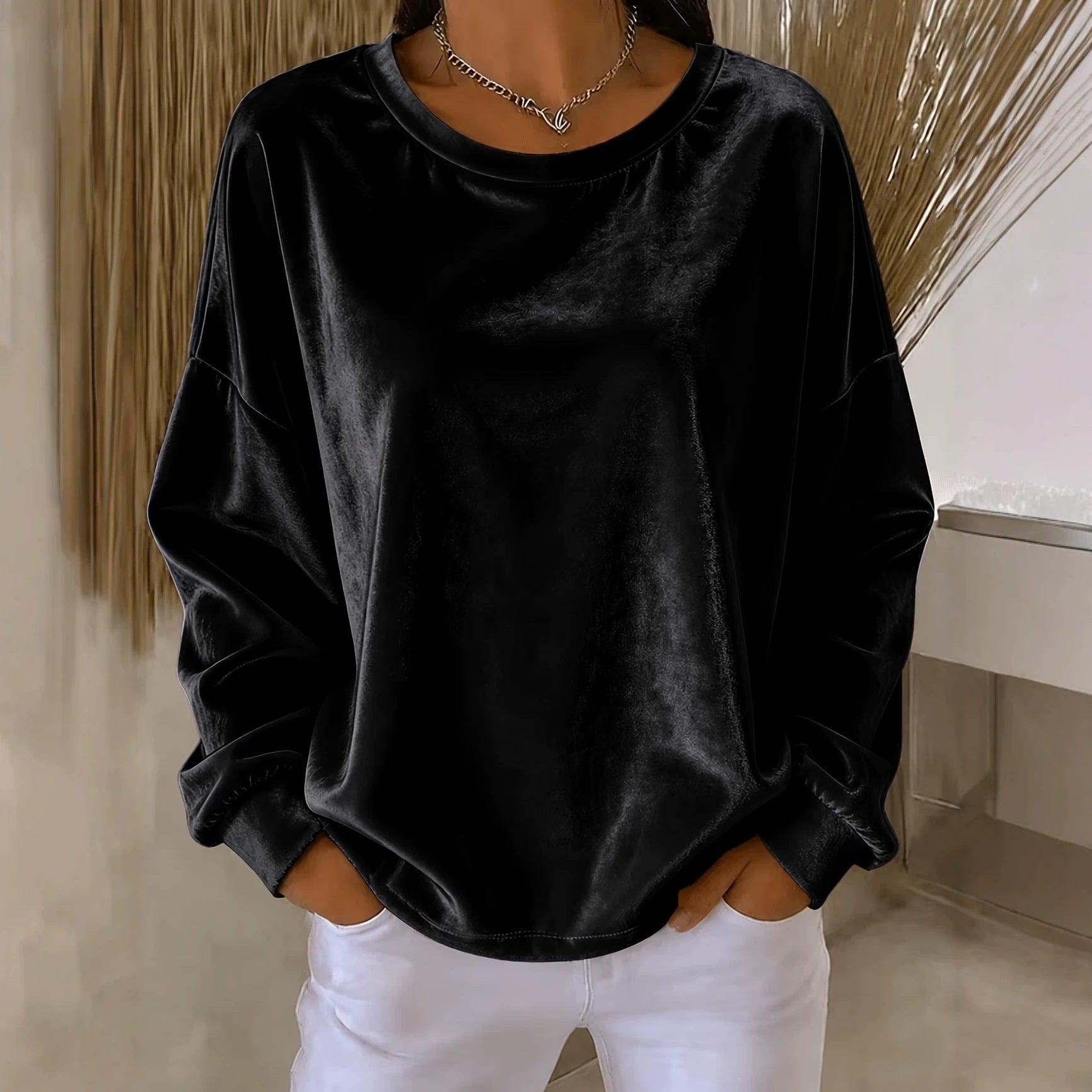 Women's Oversized Velvet Sweatshirt with Crew Neck, Dropped Shoulder and Elastic Cuffs