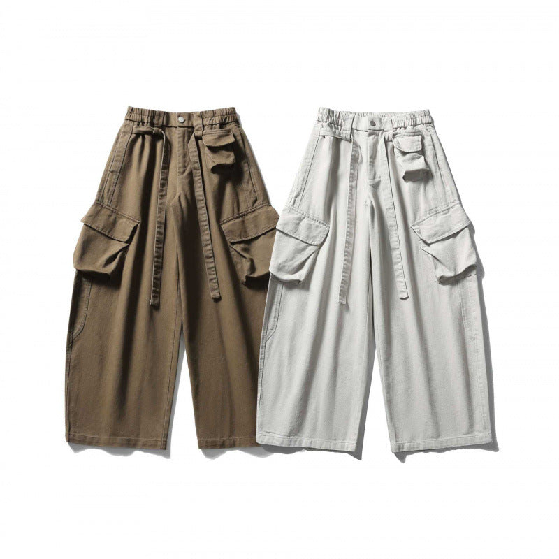 Unisex Wide Cargo Cropped Pants with High Elastic Waistband, Multiple Pockets and Drawstring Chichicherry