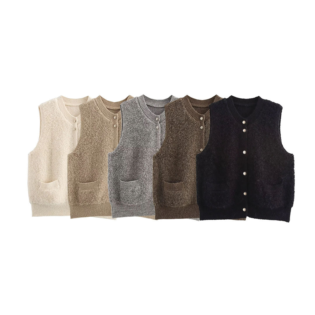 Ladies Sleeveless Teddy Vest with Button Placket and Patch Pockets Chichicherry