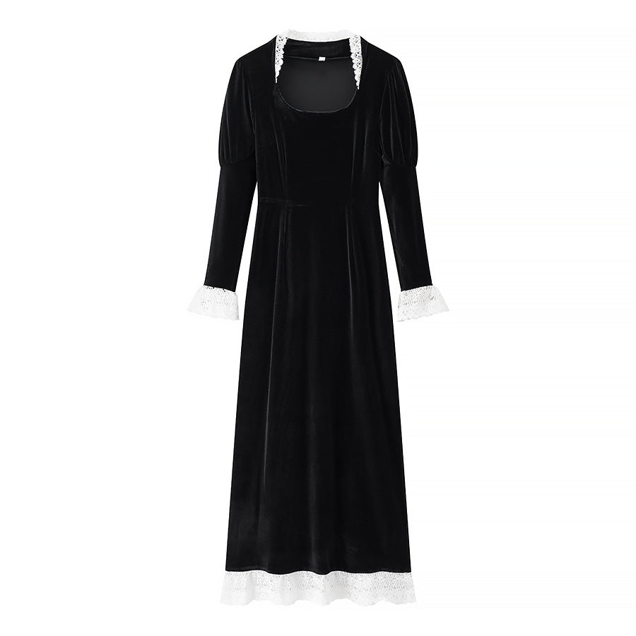 Women’s maxi dress made of velvet with square neckline, puff sleeves, and lace trim Chichicherry