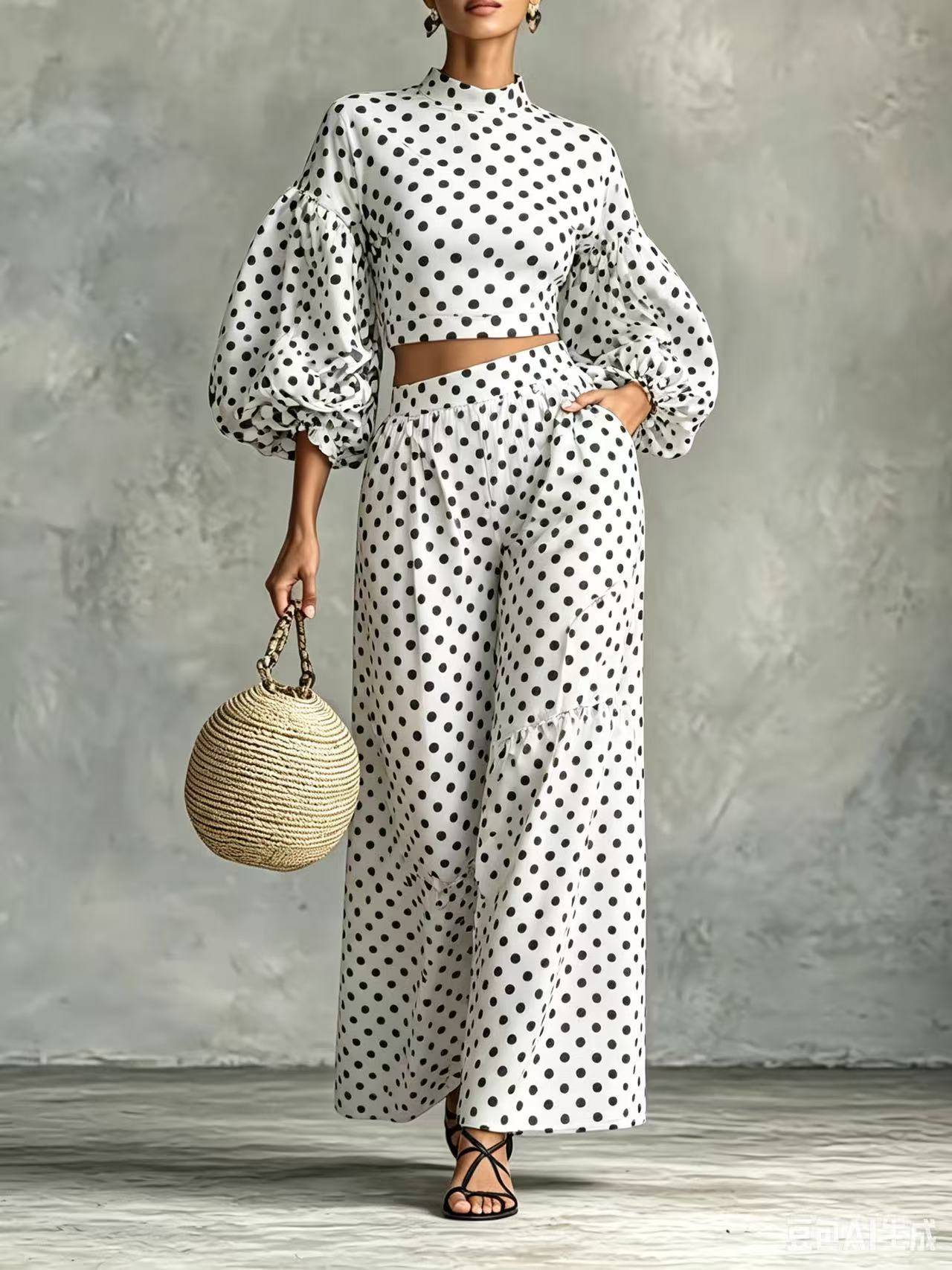 Women's Two-Piece Polka Dot Ensemble with Cropped Stand Collar Top and Wide Palazzo Pants Chichicherry