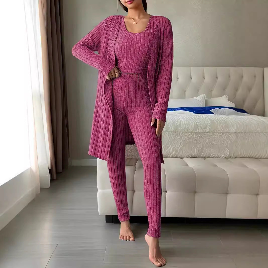Women's Ribbed Lounge Set with Cropped Top, High-Waist Leggings and Long Cardigan Chichicherry