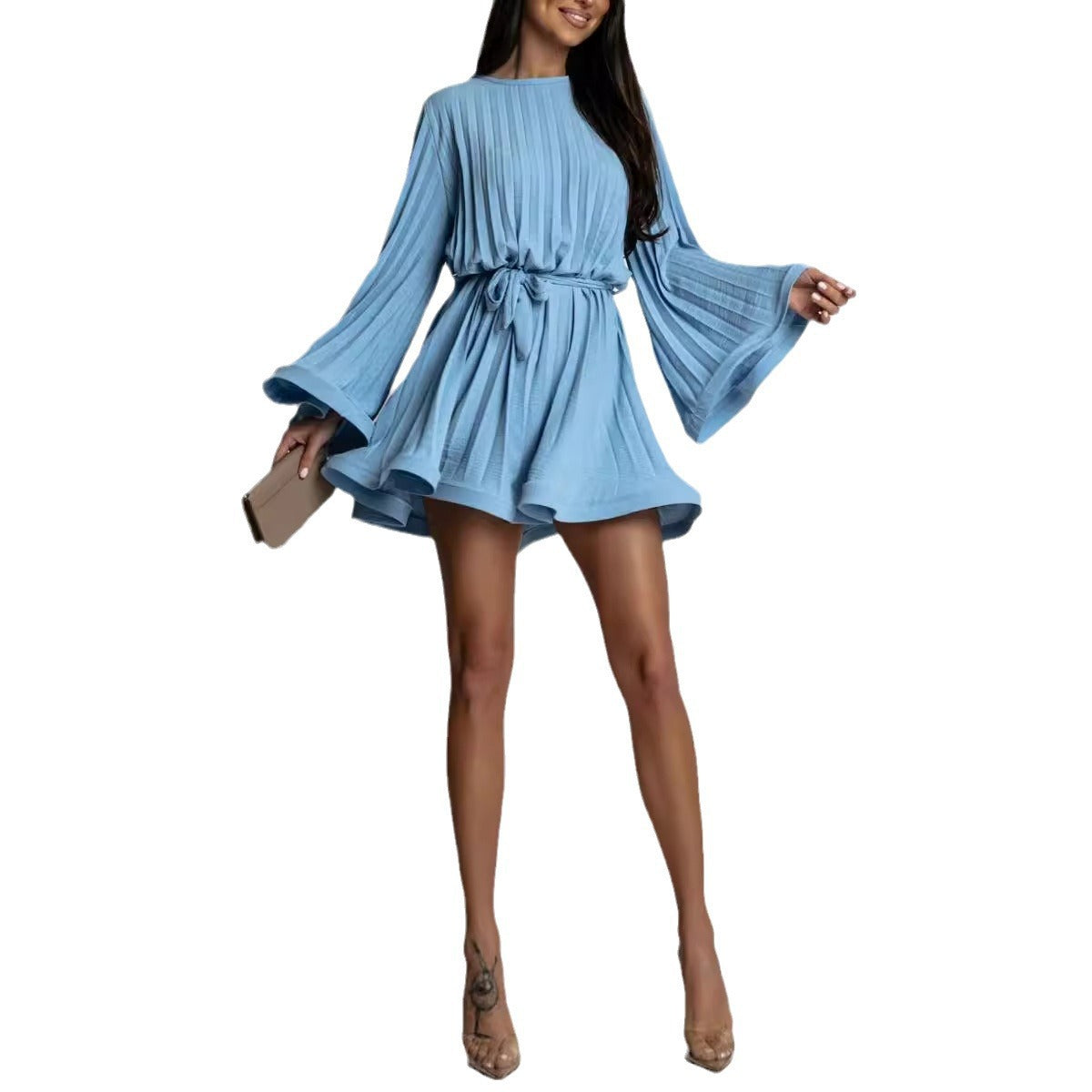 Damen Plissiertes Mini-Kleid mit weiten Glockenärmeln und Taillengürtel Chichicherry