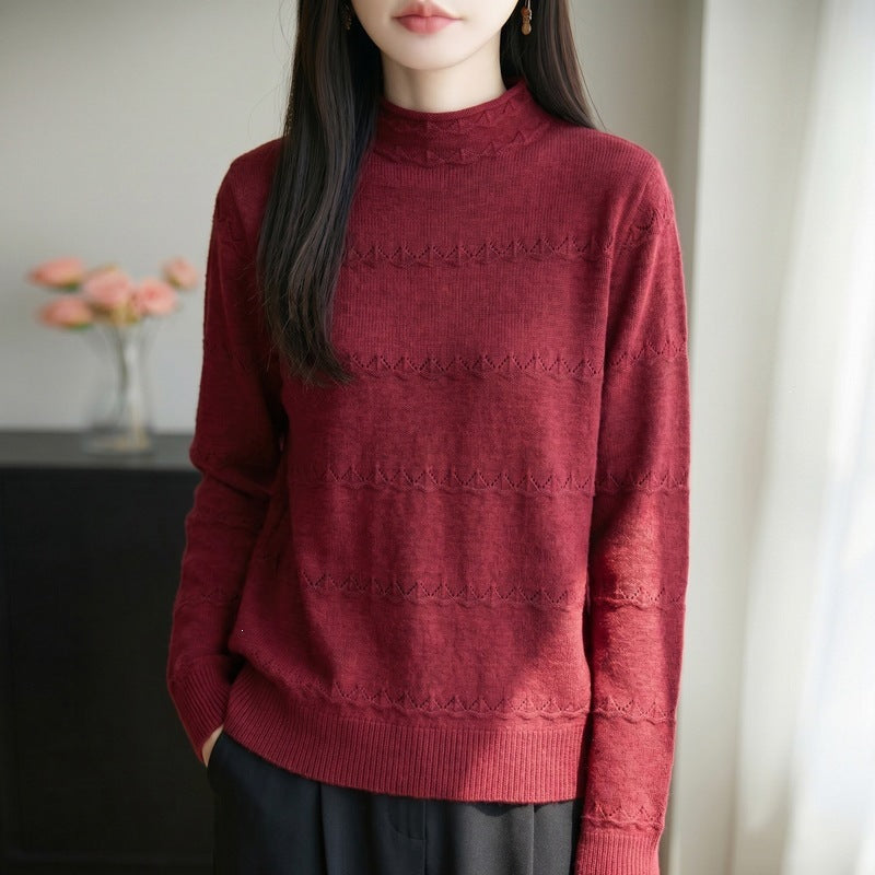 Women's Light Openwork Knit Sweater with Short Standing Collar and Fine Ribbed Hem Chichicherry