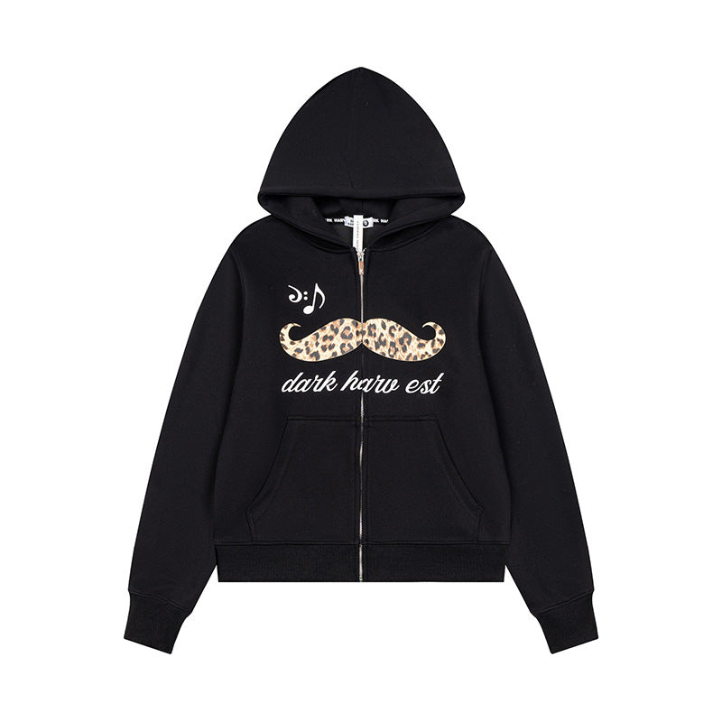 Women's hooded sweatshirt jacket with full zip, kangaroo pockets and playful leopard mustache print Chichicherry