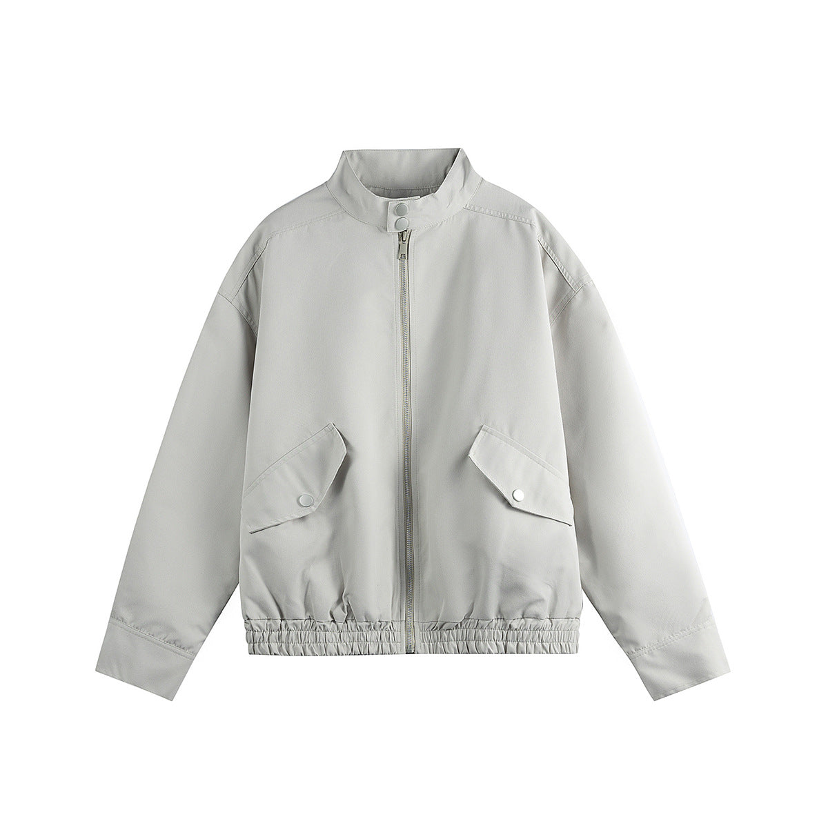 Unisex Boxy Bomber Jacket in Workwear Look with Stand-Up Collar and Flap Pockets Chichicherry