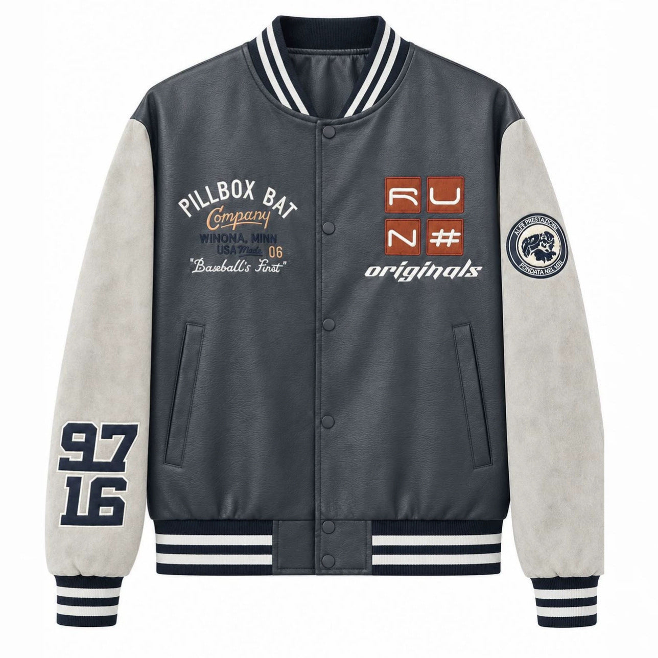 Men's varsity bomber jacket in retro college style with faux leather body and contrast sleeves Chichicherry