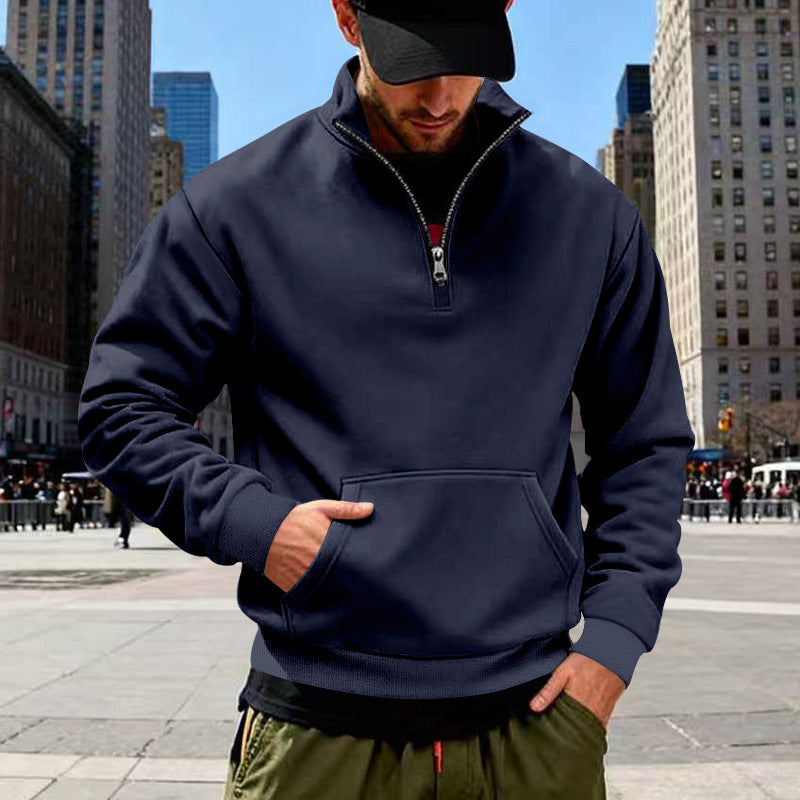 Men's Half-Zip Sweatshirt with Stand-Up Collar, Kangaroo Pocket and Ribbed Cuffs Chichicherry