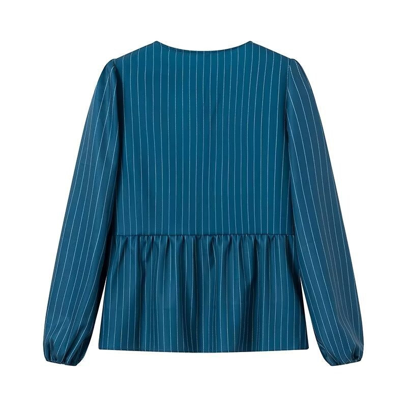 Women's Striped Peplum Blouse with Front Lacing and Long Balloon Sleeves Chichicherry