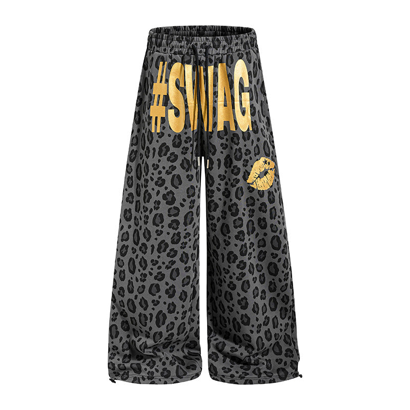 Women's Wide Palazzo Sweatpants in Leopard Print with High Comfort Waistband, Drawstring and Golden Statement Print Chichicherry
